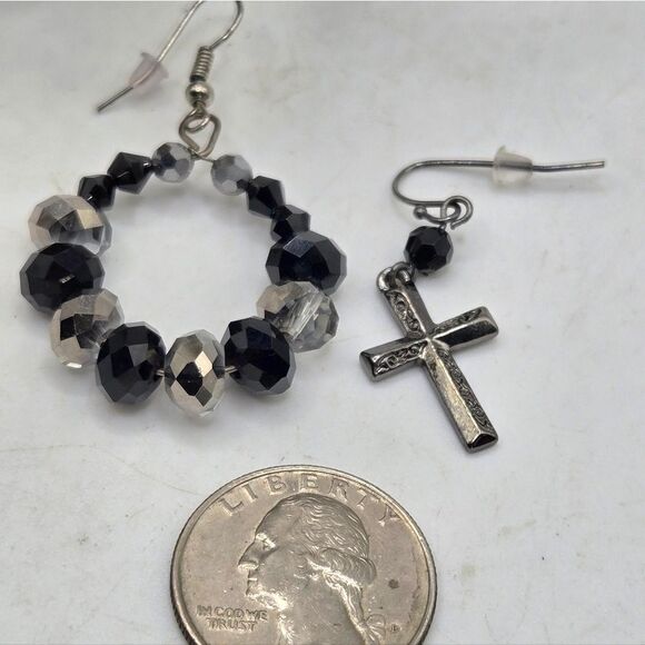 "5/$25" Mismatched Cross Circle Drop Black Crystal Silvertone Dangle Earrings - Picture 4 of 8